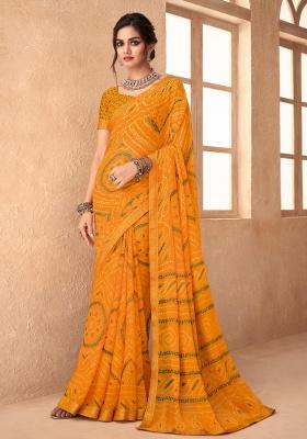 Yellow Embroidery Work Chiffon Saree Set