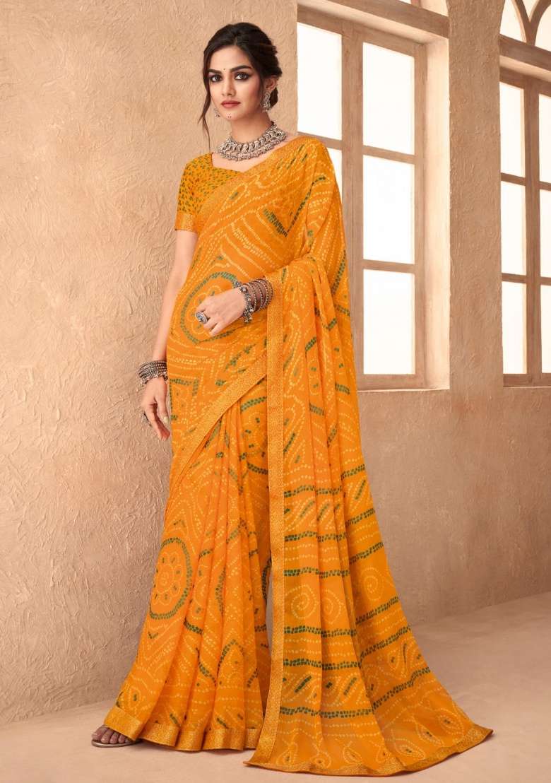 Yellow Work Chiffon Saree Set with Embroidery for Diwali | Wedding & Festive Wear - Indya