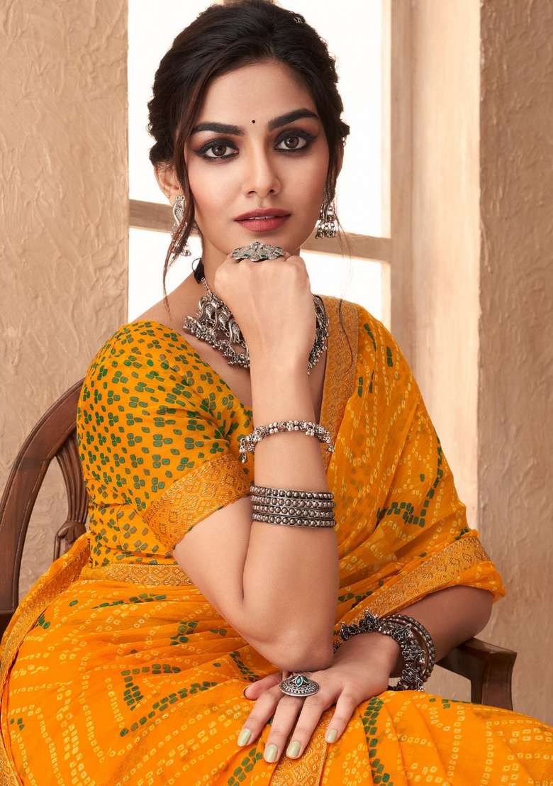 Yellow Work Chiffon Saree Set with Embroidery for Diwali | Wedding & Festive Wear - Indya