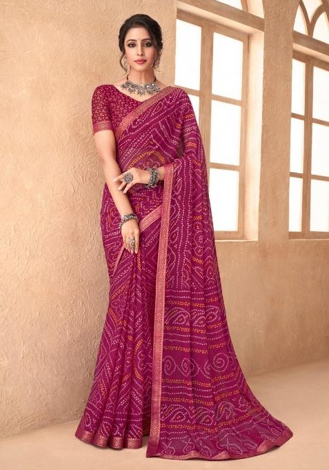 Plum Embroidery Work Chiffon Saree Set