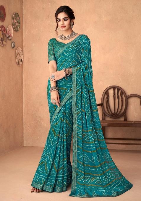 Turquoise Embroidery Work Chiffon Saree Set