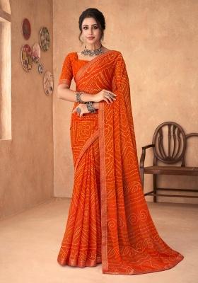 Orange Embroidery Work Chiffon Saree Set