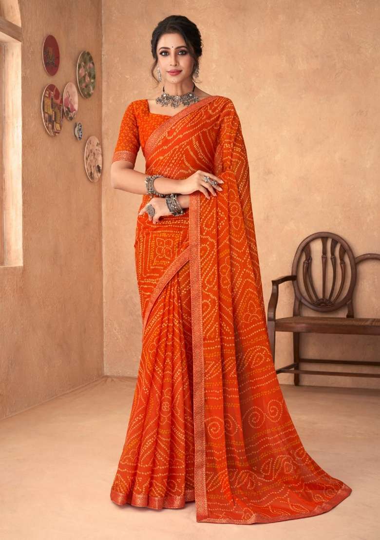 Orange Embroidery Work Chiffon Saree Set for Diwali and Festive Wear - Indya
