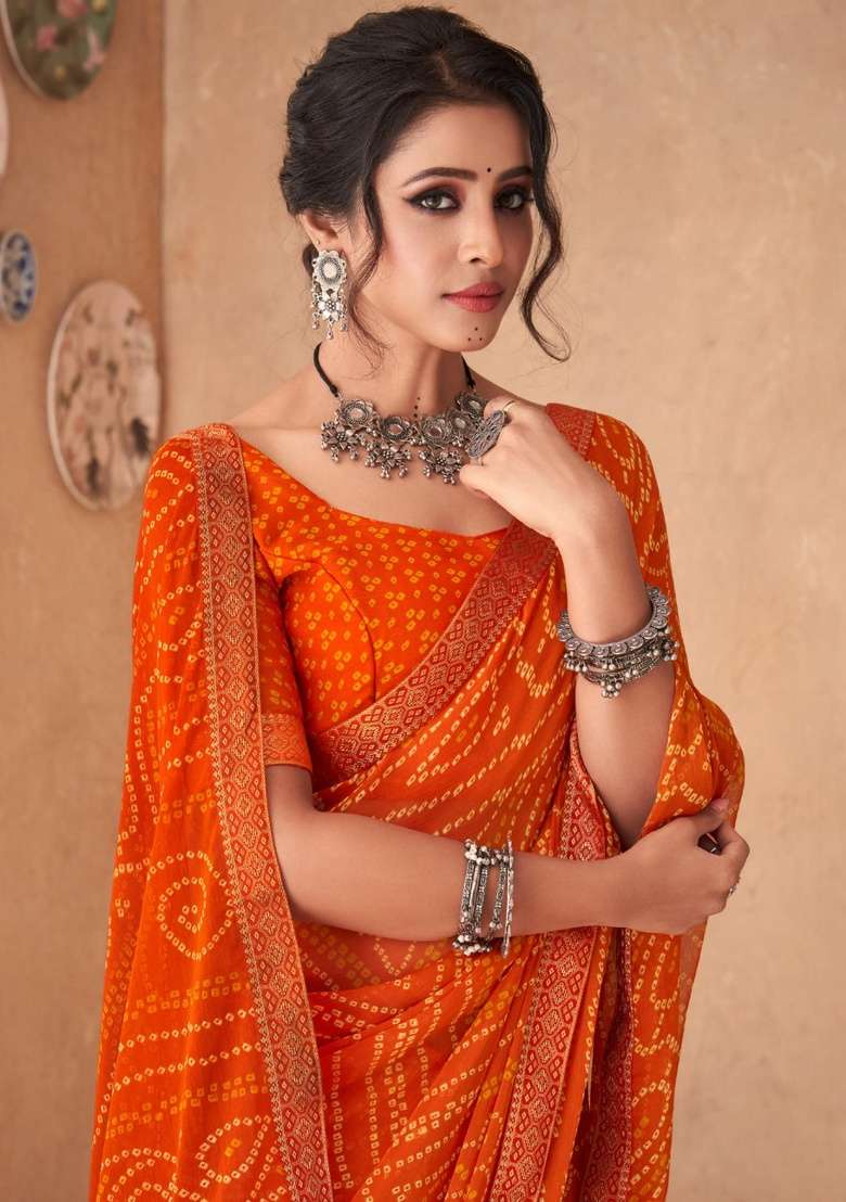 Orange Embroidery Work Chiffon Saree Set for Diwali and Festive Wear - Indya