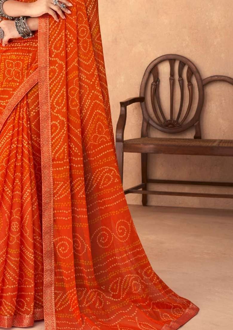 Orange Embroidery Work Chiffon Saree Set for Diwali and Festive Wear - Indya