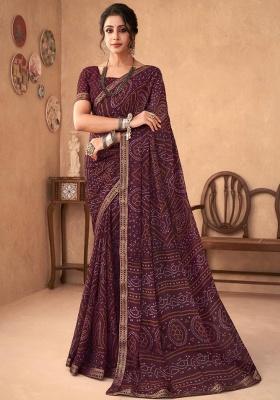 Wine Embroidery Work Chiffon Saree Set