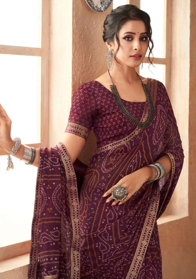 Wine Work Chiffon Saree Set with Embroidery for Diwali | Wedding & Festive Wear - Indya