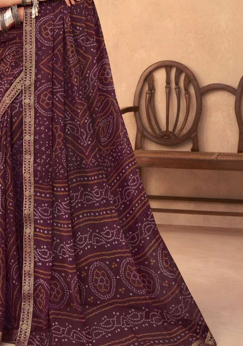 Wine Work Chiffon Saree Set with Embroidery for Diwali | Wedding & Festive Wear - Indya