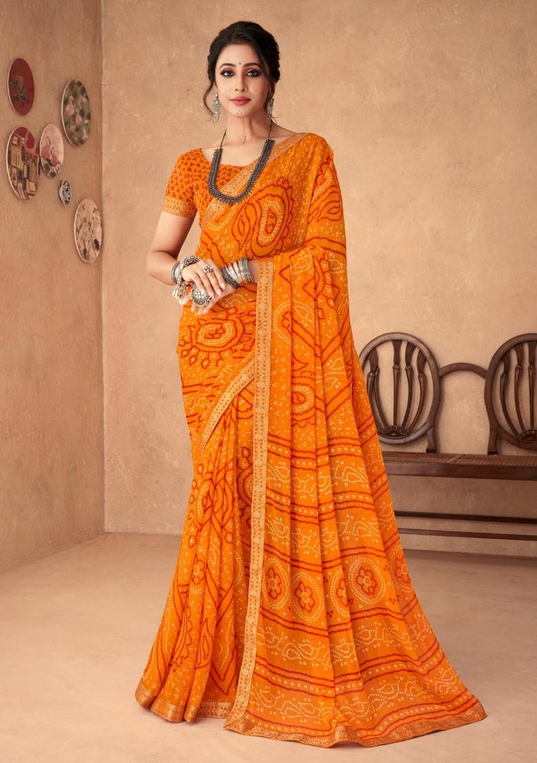 Saffron Embroidery Work Chiffon Saree Set