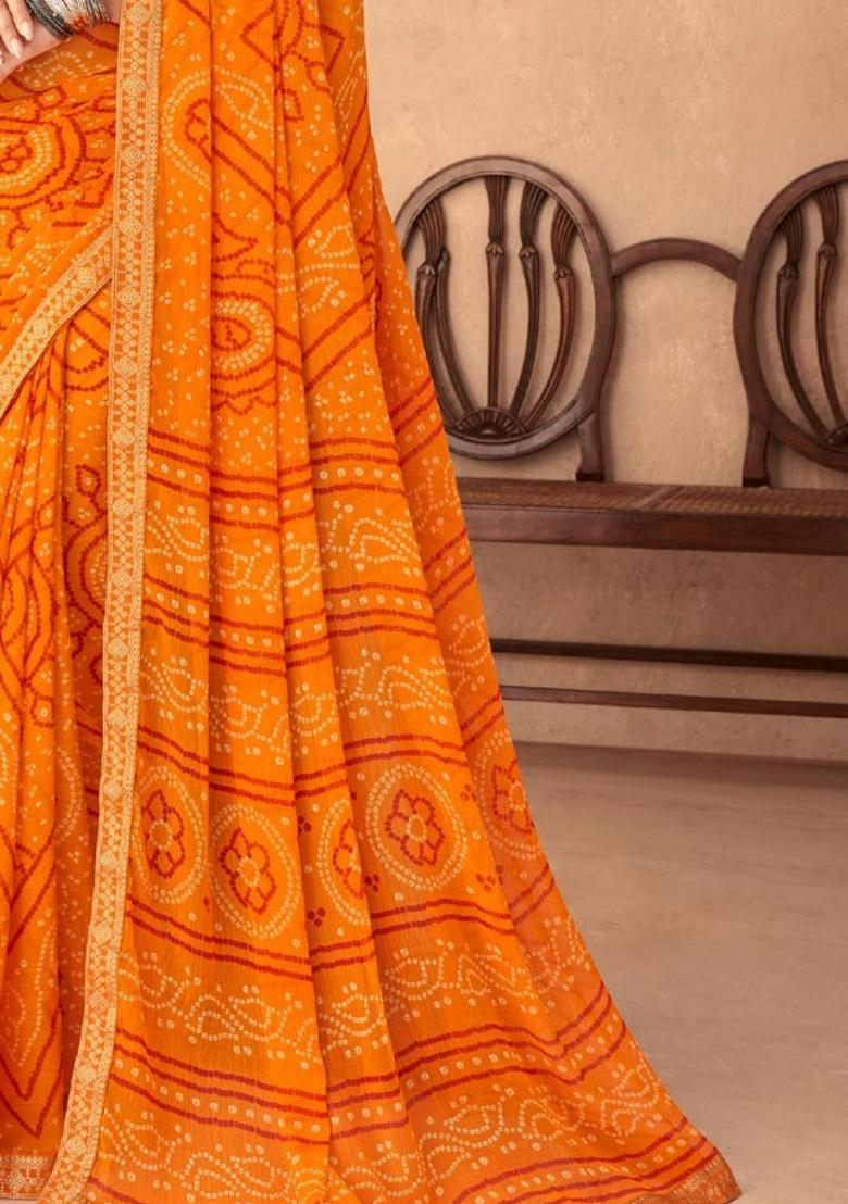 Saffron Embroidery Work Chiffon Saree Set