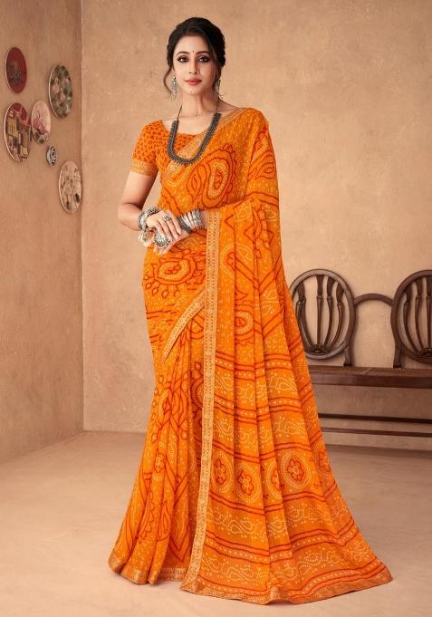 Saffron Embroidery Work Chiffon Saree Set