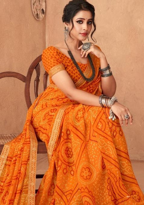 Saffron Embroidery Work Chiffon Saree Set