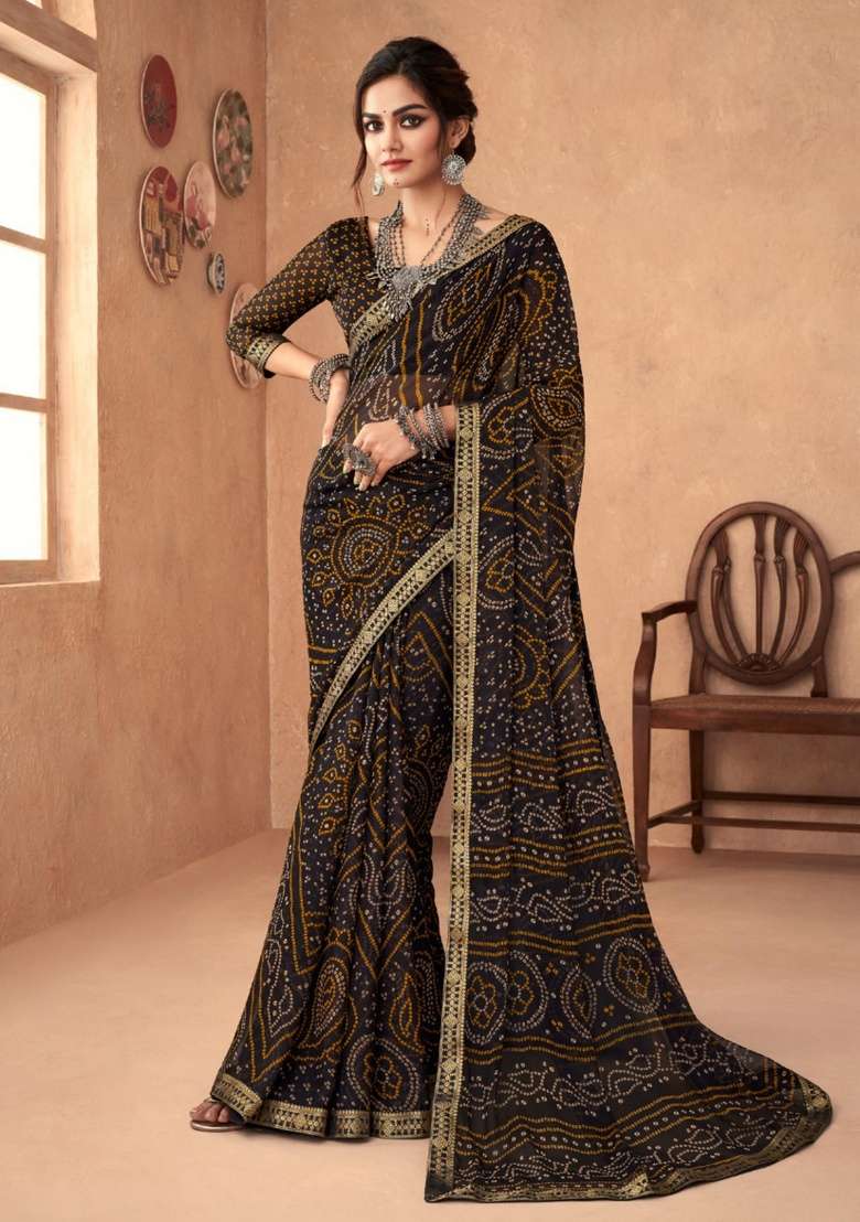 Black Work Chiffon Saree Set with Embroidery for Diwali | Wedding & Festive Wear - Indya
