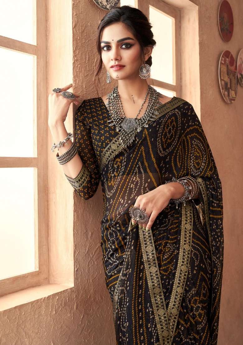 Black Work Chiffon Saree Set with Embroidery for Diwali | Wedding & Festive Wear - Indya