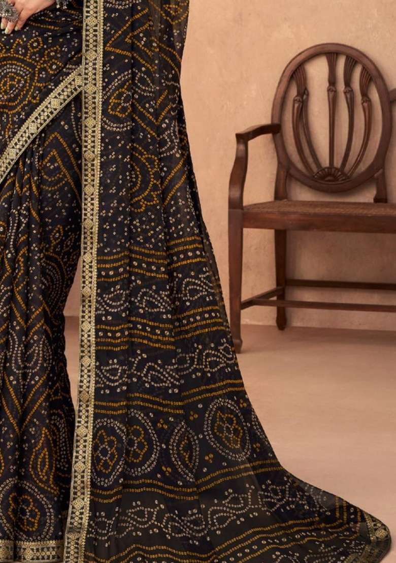 Black Work Chiffon Saree Set with Embroidery for Diwali | Wedding & Festive Wear - Indya