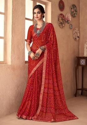 Red Embroidery Work Chiffon Saree Set