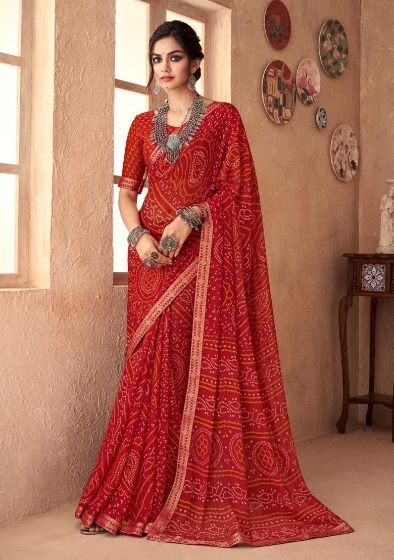 Red Embroidery Work Chiffon Saree Set