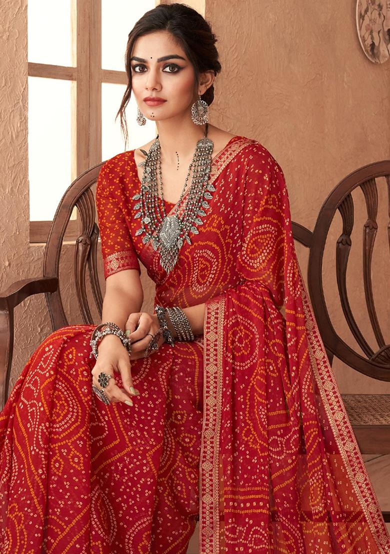 Red Embroidery Work Chiffon Saree Set