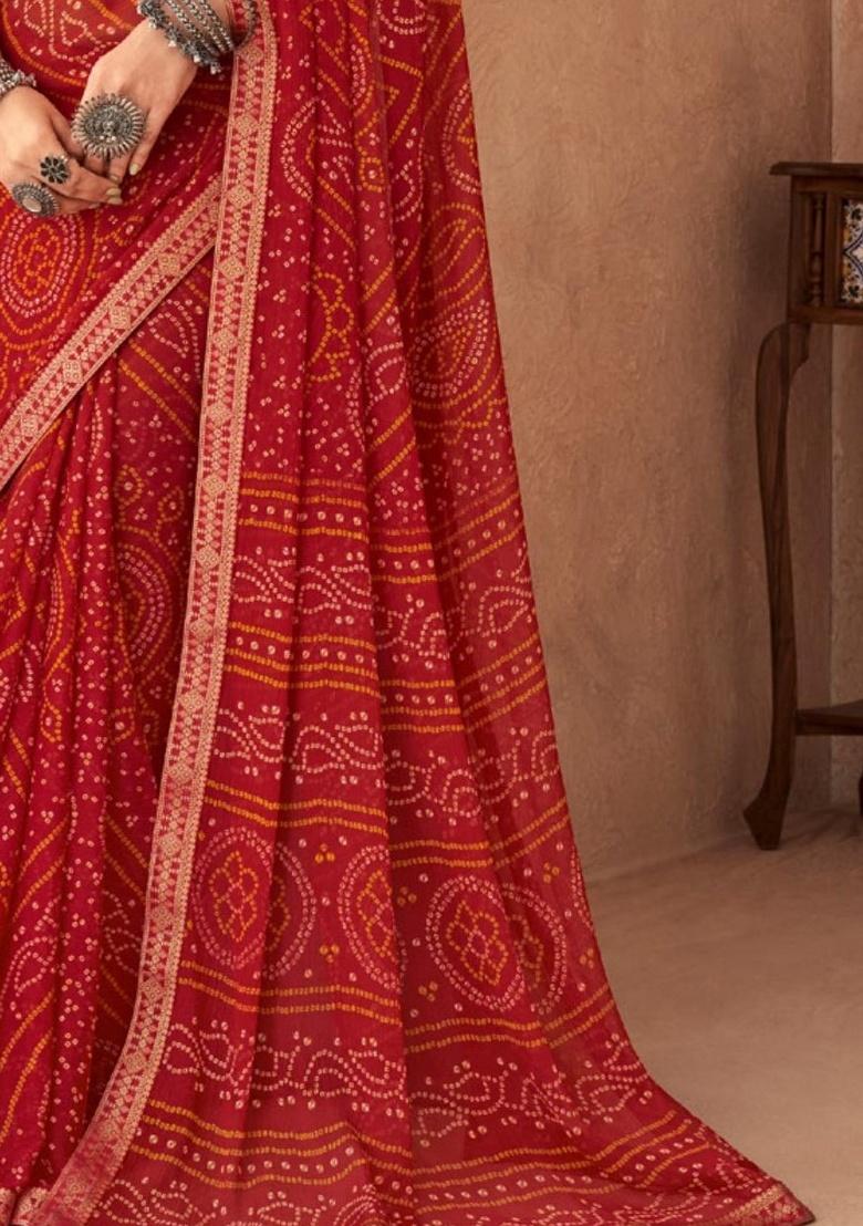 Red Embroidery Work Chiffon Saree Set
