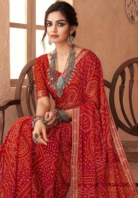Red Embroidery Work Chiffon Saree Set