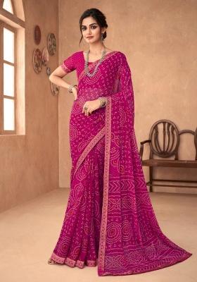 Pink Embroidery Work Chiffon Saree Set