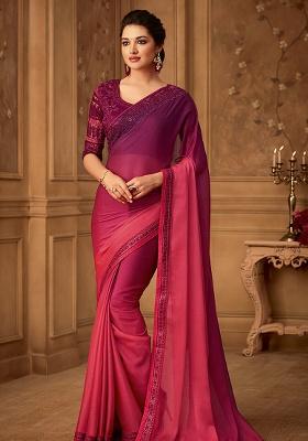 Wine Embroidery Work Silk Saree Set