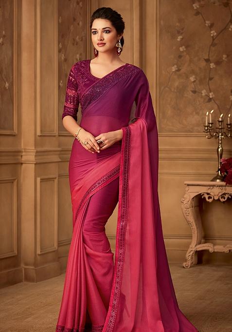Wine Embroidery Work Silk Saree Set