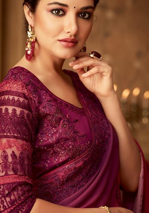 Wine Embroidery Work Silk Saree Set