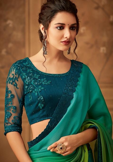 Green Embroidery Work Silk Saree Set