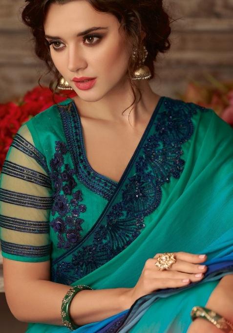 Multi Embroidery Work Silk Saree Set