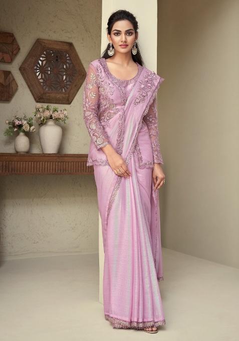 Levander Embroidery Work Silk Saree Set