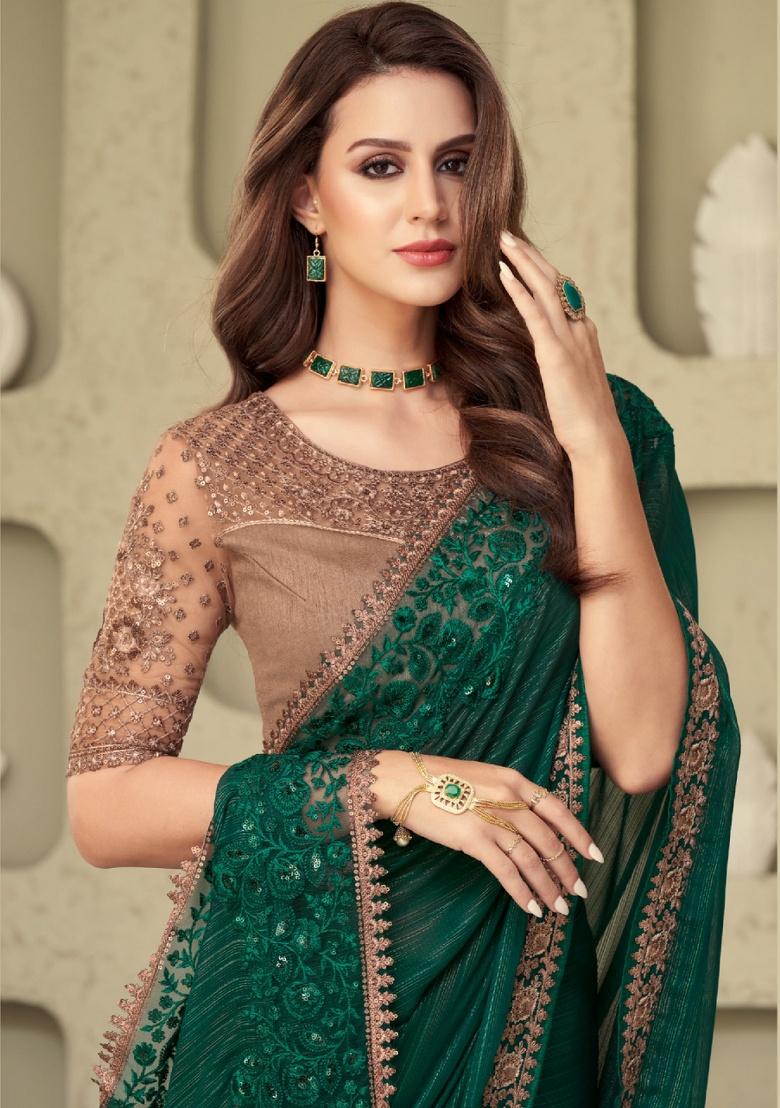 Green Embroidery Work Silk Saree Set
