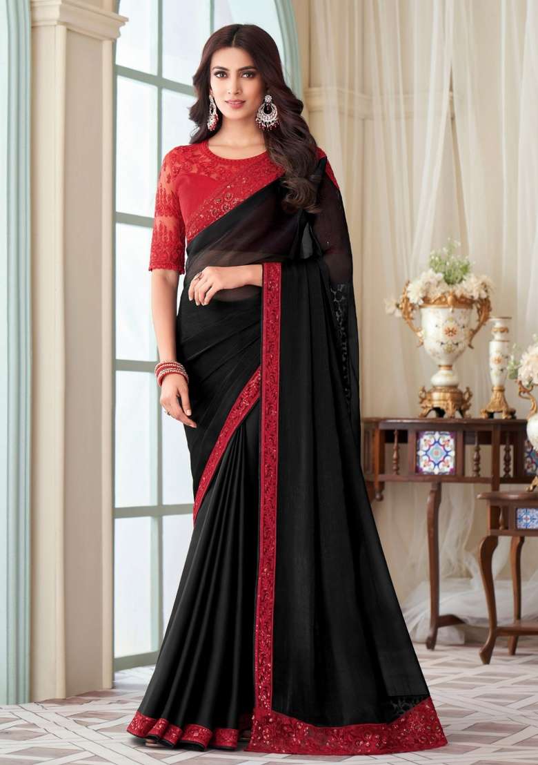 Black Work Silk Blend Saree Set with Embroidery for Diwali | Wedding & Festive Wear - Indya