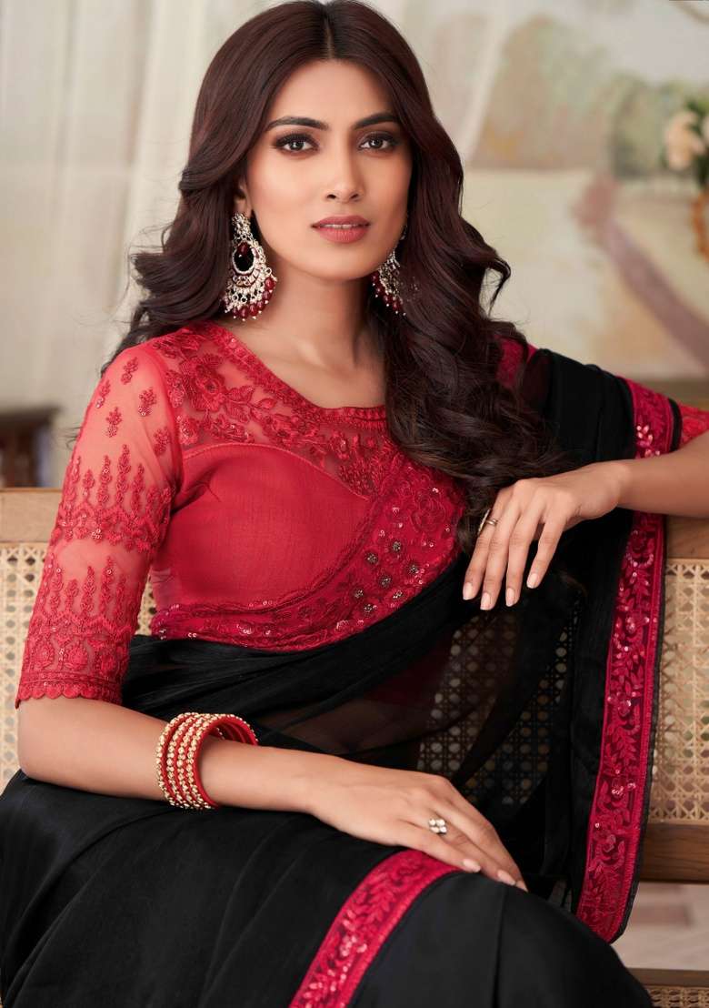 Black Work Silk Blend Saree Set with Embroidery for Diwali | Wedding & Festive Wear - Indya