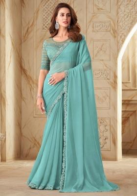 Sky Blue Embroidery Work Silk Saree Set