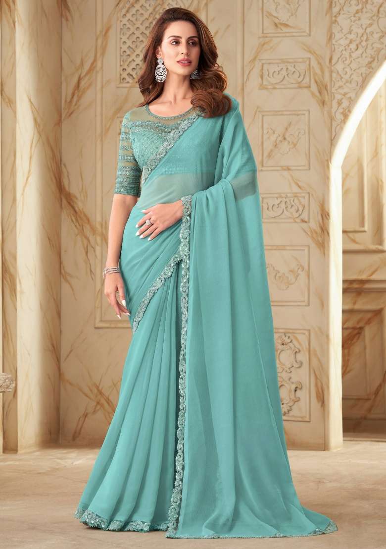 Sky Blue Work Silk Blend Saree Set with Embroidery for Diwali | Wedding & Festive Wear - Indya