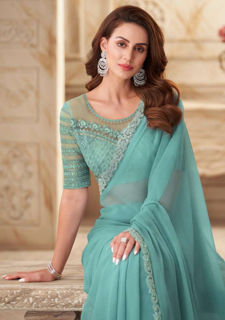 Sky Blue Work Silk Blend Saree Set with Embroidery for Diwali | Wedding & Festive Wear - Indya