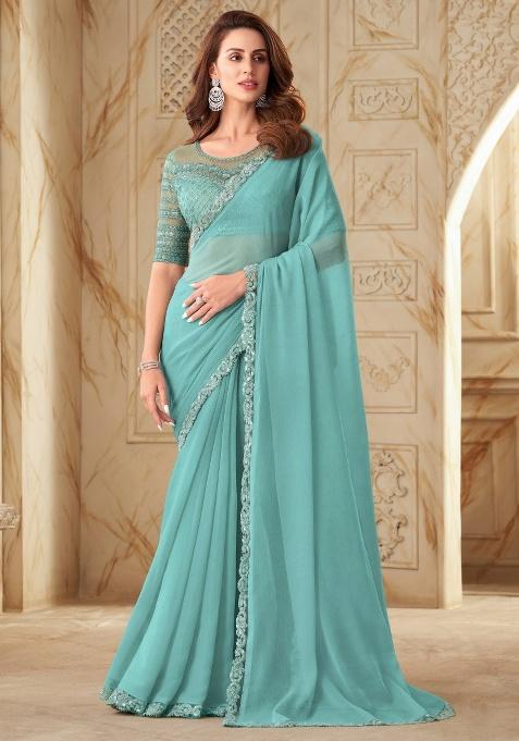 Sky Blue Embroidery Work Silk Saree Set