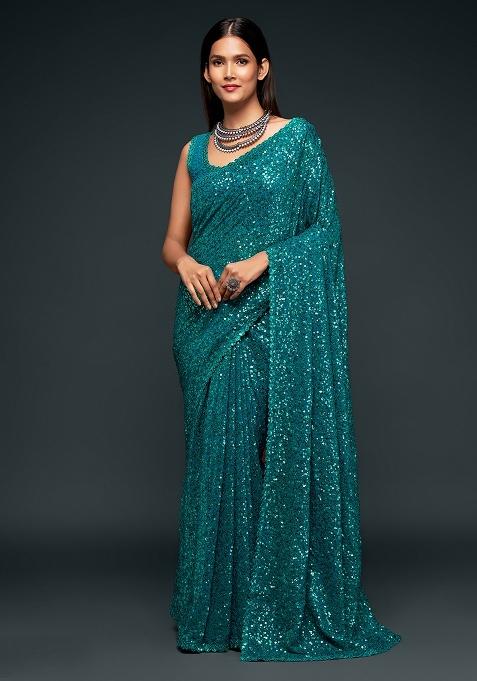 Teal Blue Embroidered Georgette Saree Set