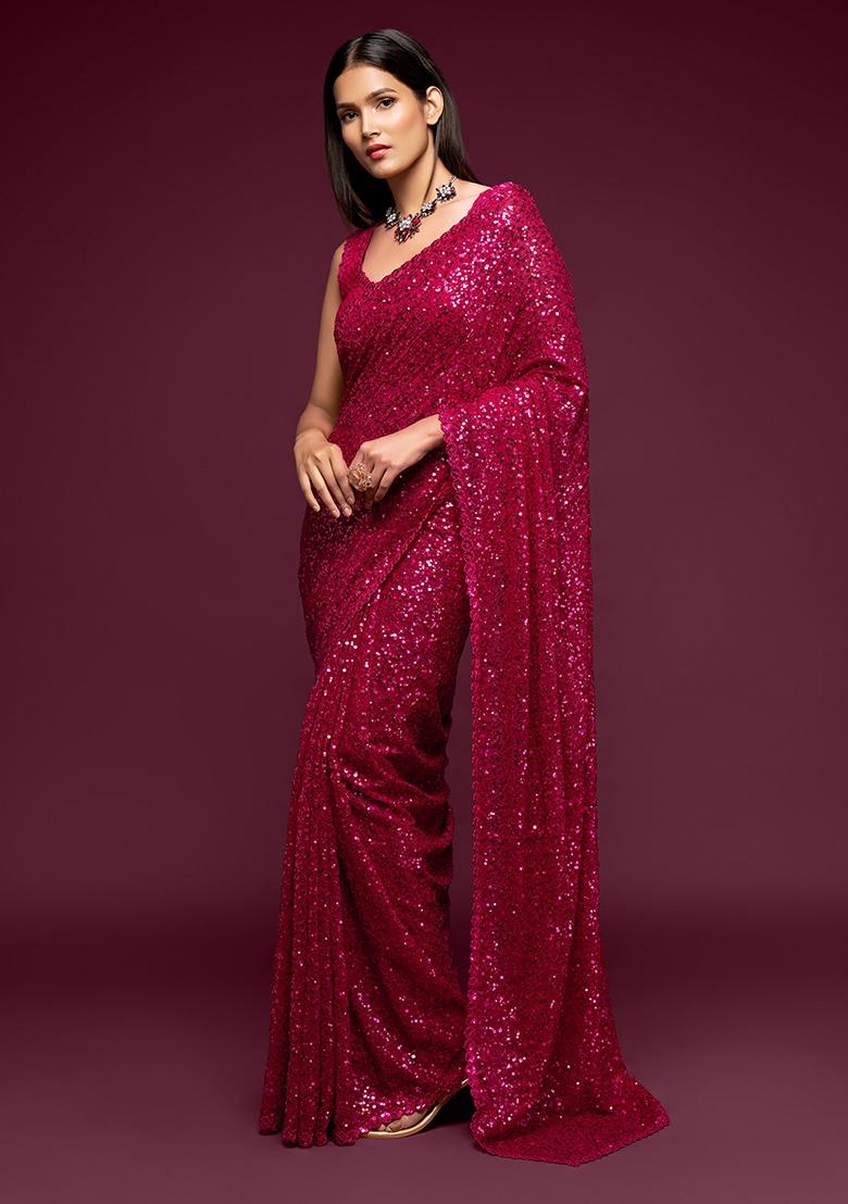 Hot Pink Embroidered Georgette Saree Set