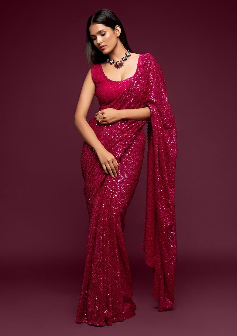 Hot Pink Embroidered Georgette Saree Set - Indya