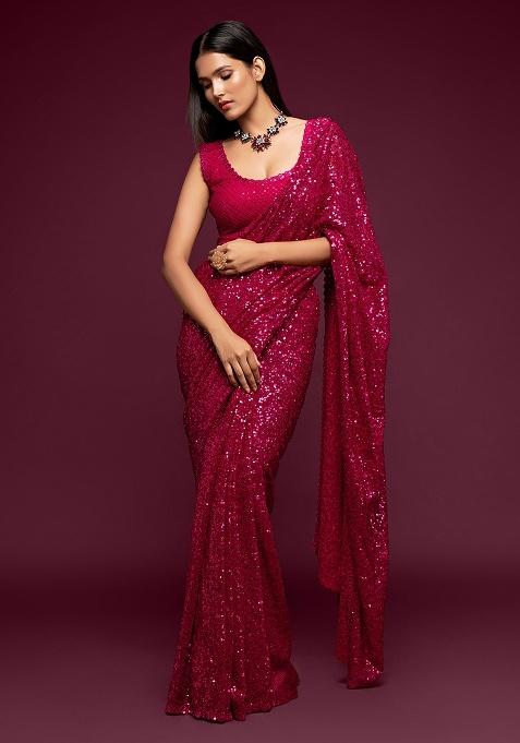 Hot Pink Embroidered Georgette Saree Set