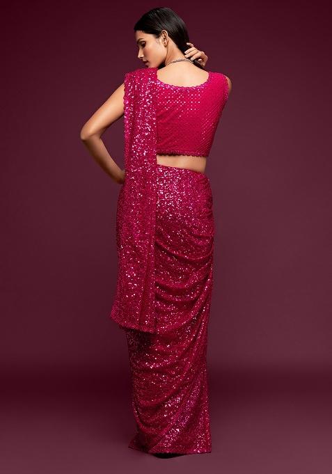 Hot Pink Embroidered Georgette Saree Set