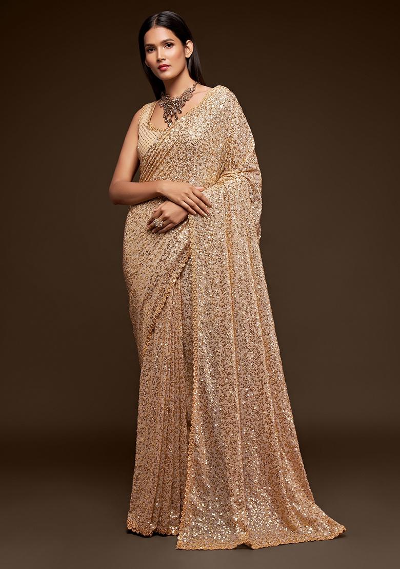 Ancient Ivory Embroidered Georgette Saree Set - Indya