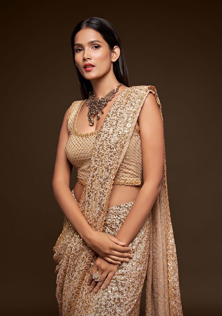 Ancient Ivory Embroidered Georgette Saree Set - Indya