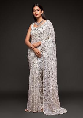 Pearl White Embroidered Georgette Saree Set