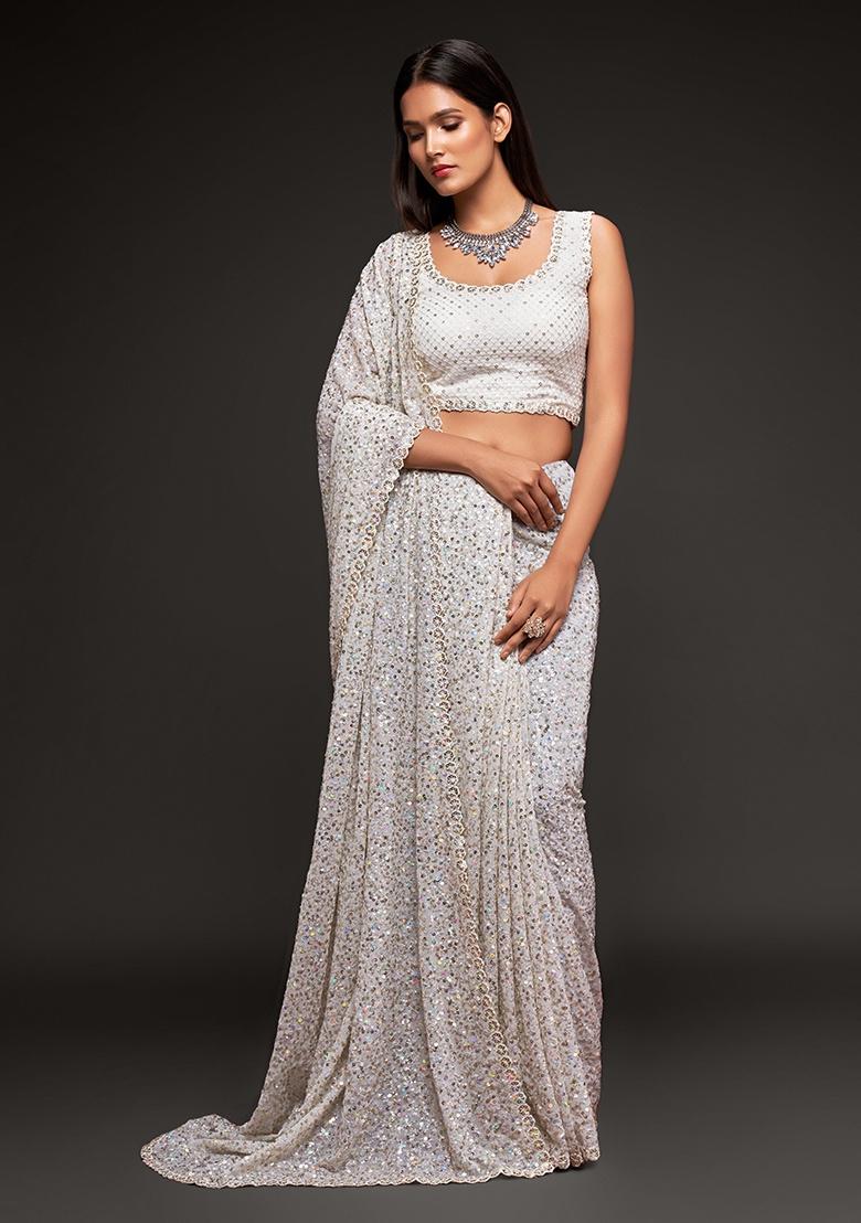 Pearl White Embroidered Georgette Saree Set - Indya