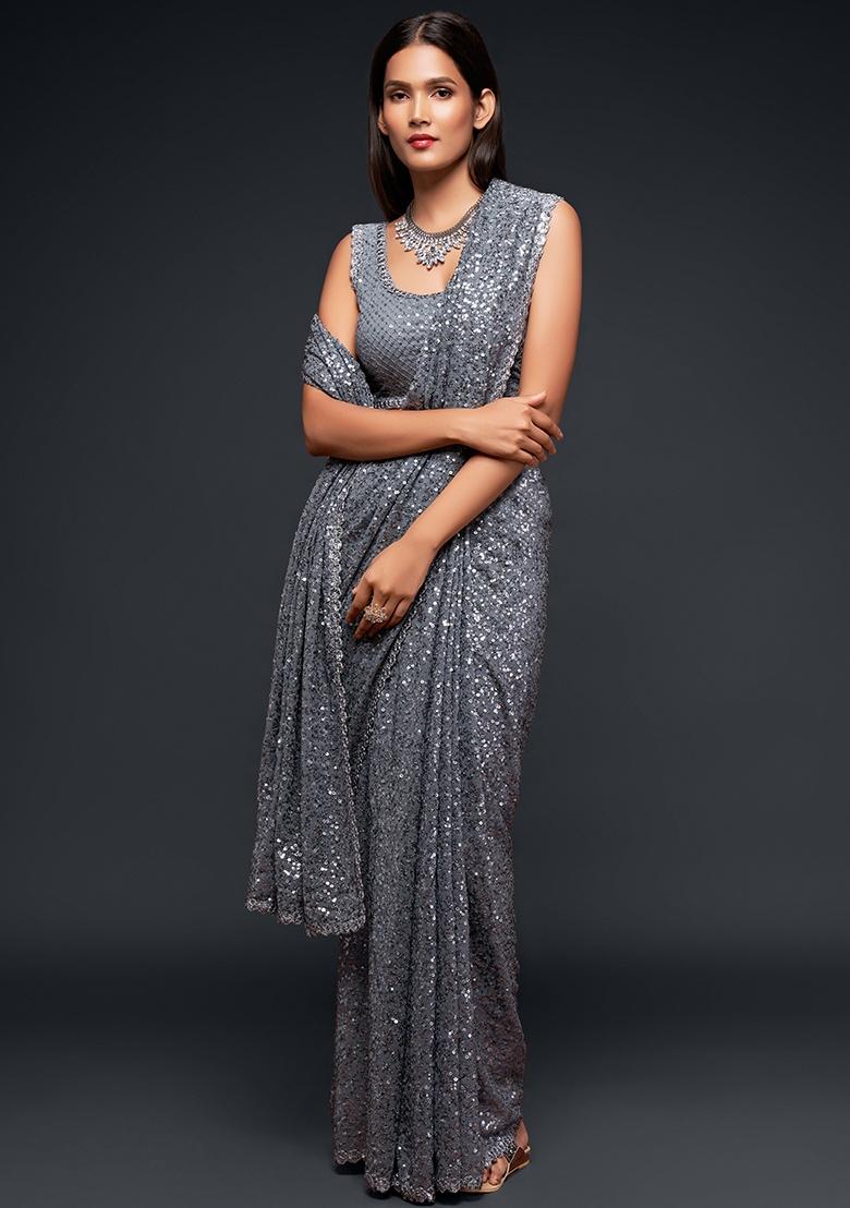 Slate Grey Embroidered Georgette Saree Set - Indya