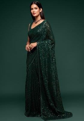 Deep Green Embroidered Georgette Saree Set