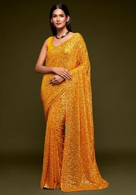 Honey Yellow Embroidered Georgette Saree Set